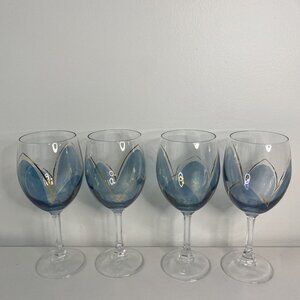 Wine Glasses Pale Blue Waves with Gold Lines between Each Wave Set of 4